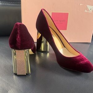 Kate Spade Velvet Heels in Deep Red with Gold Block Heels